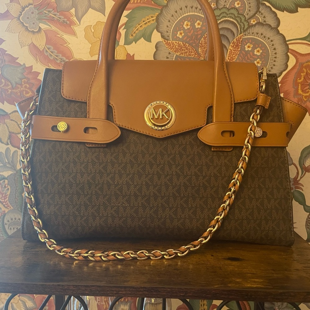 Michael Kors Brown and Tan Satchel with Textured Body and Gold Hardware